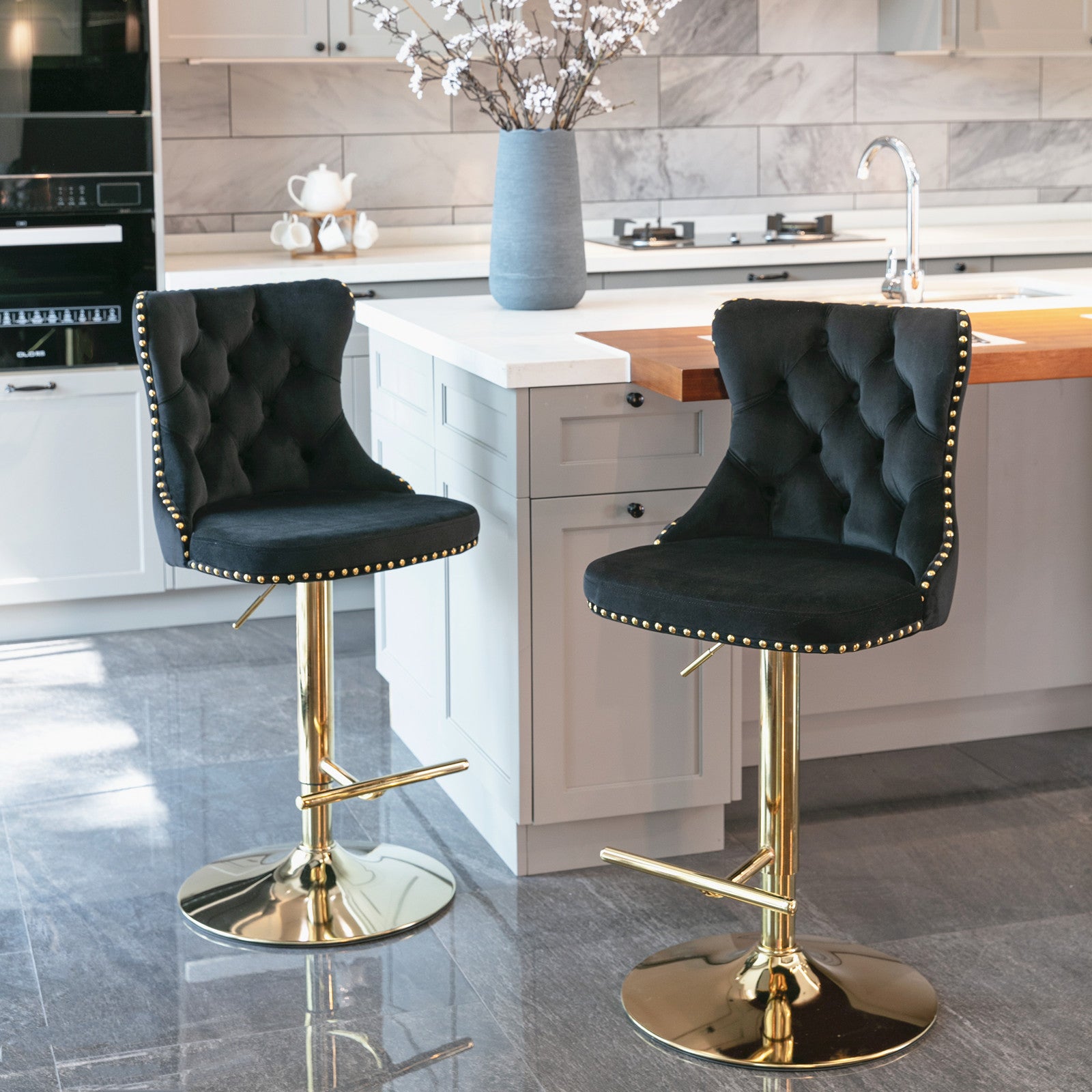A&A Furniture,Golden Swivel Velvet Barstools Adjusatble Seat Height from 25-33 Inch, Modern Upholstered Bar Stools with Backs Comfortable Tufted for Home Pub and Kitchen Island（Black,Set of 2） - Grand Goldman Shop