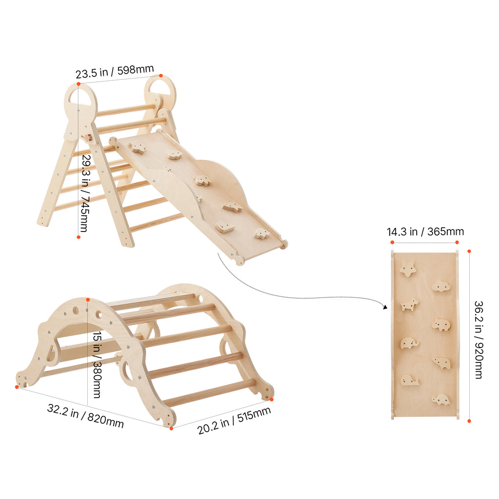 Pikler Triangle Set, 9-in-1 Toddler Climbing Toys Indoor, with 2 Wooden Cars, Cushion, Triangle, Arch, and Ramp, 150 lbs Load
