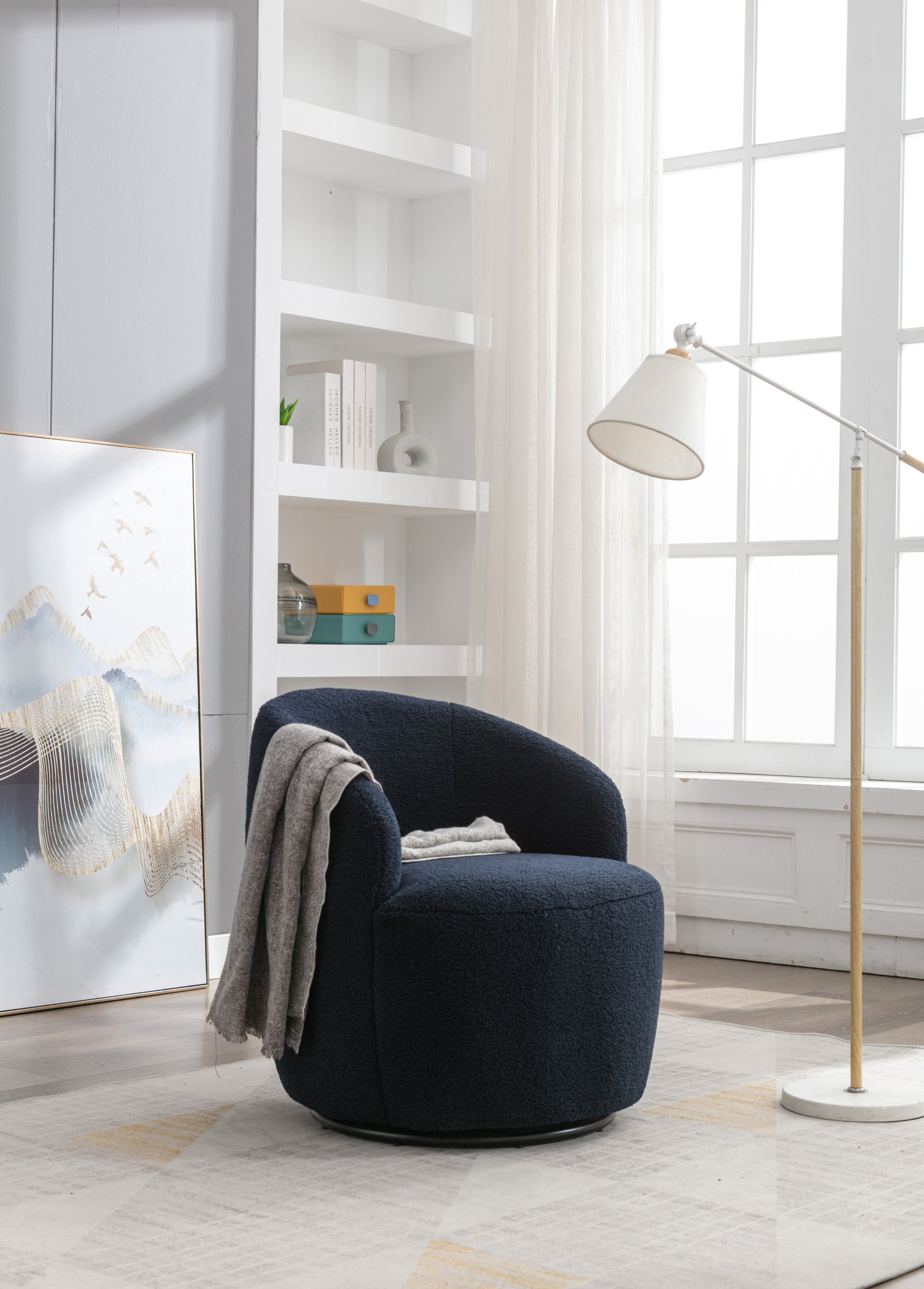Teddy Fabric Swivel Accent Armchair Barrel Chair With Black Powder Coating Metal Ring,Dark Blue - Grand Goldman Shop