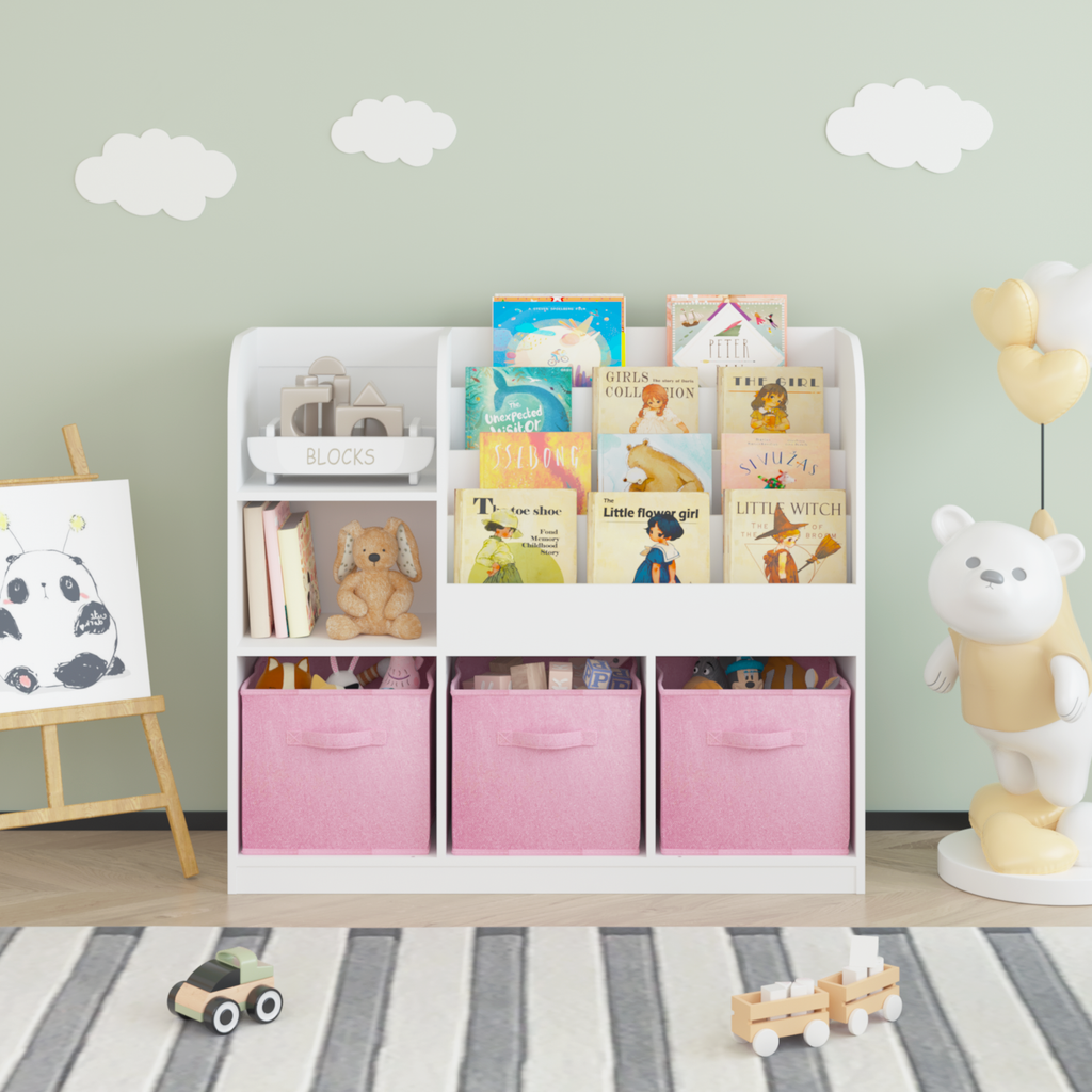 Kids Bookcase and Bookshelf with 3 Collapsible Fabric Drawers, Multifunctional White/Pink Display Stand for Bedroom, Playroom
