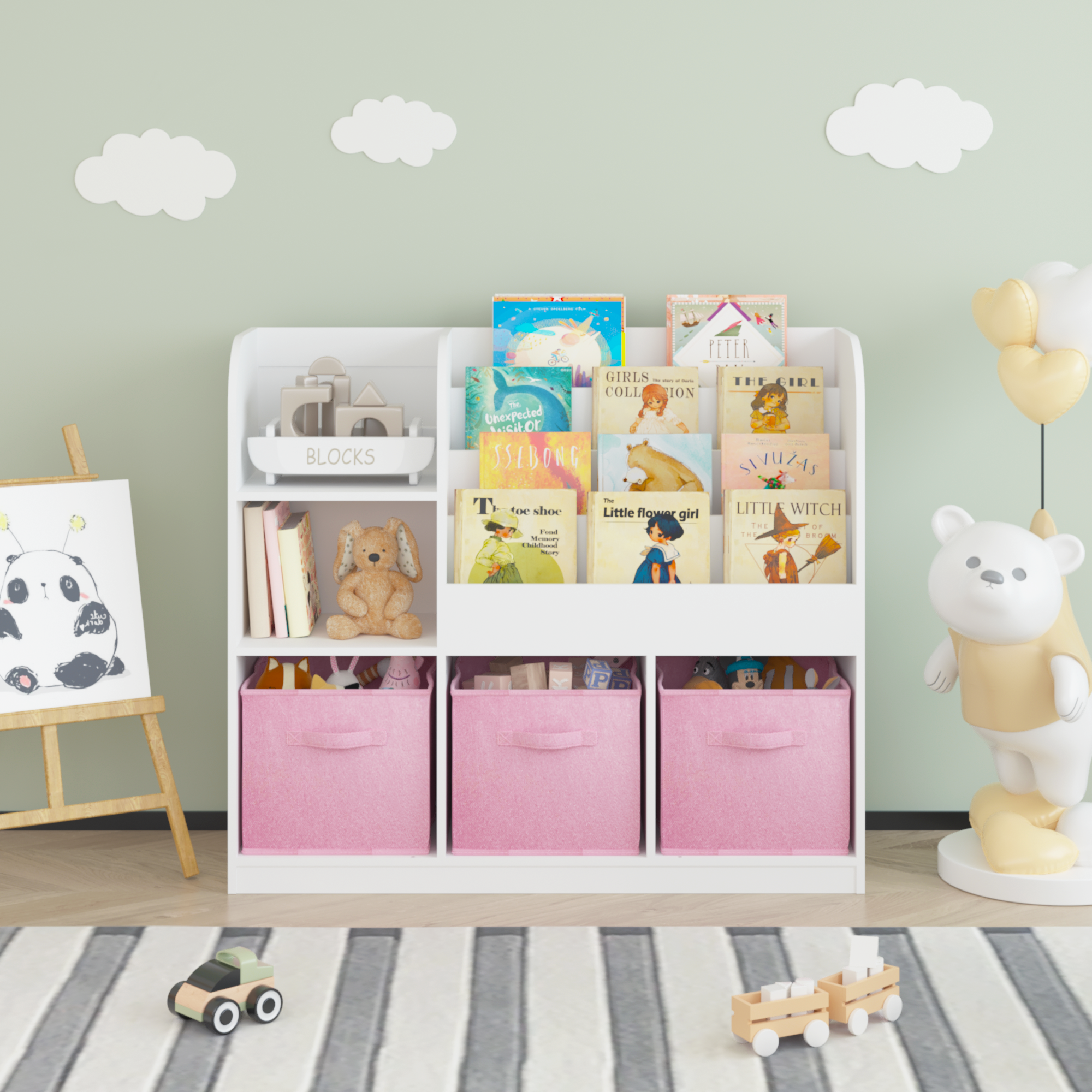 Kids Bookcase and Bookshelf with 3 Collapsible Fabric Drawers, Multifunctional White/Pink Display Stand for Bedroom, Playroom