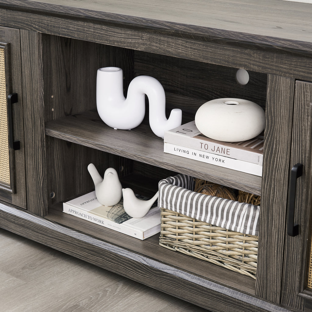 Farmhouse Rattan TV Stand Console Table for TVs up to 70 Inches, TV Console Table with 2 Storage Shelves, 2 Natural Rattan Door Cabinets, 65'W*15.55'D*23.86'H, Gray - Grand Goldman Shop