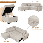 2 in 1 Sleeper Sofa Bed with Storage Ottoman, Beige Linen Upholstery, 84.75' L Shape Couch for Small Spaces - Grand Goldman Shop