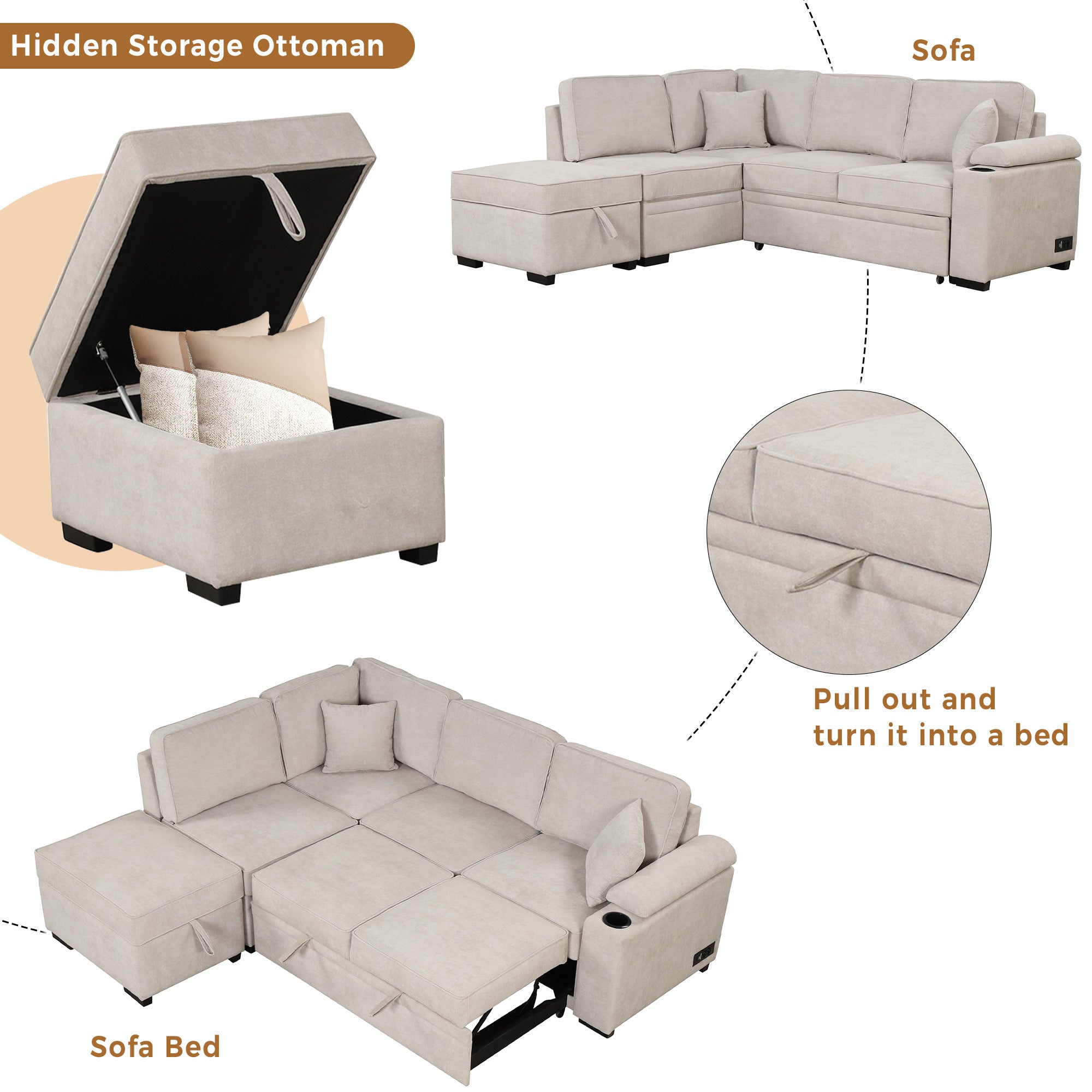2 in 1 Sleeper Sofa Bed with Storage Ottoman, Beige Linen Upholstery, 84.75' L Shape Couch for Small Spaces - Grand Goldman Shop