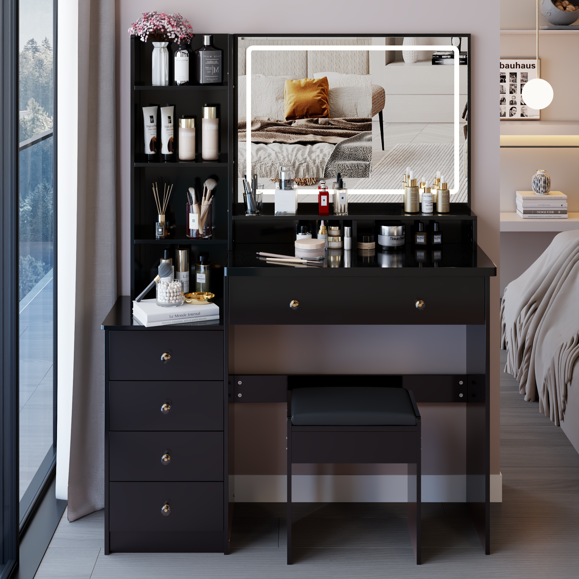 41' Large Sized Bedside Cabinet Vanity Table + Cushioned Stool, Extra Large Touch Control LED Mirror, 3-color Switch, Multi Layer High Capacity Storage Fashionable Dresser, EPA, GCC, UL Certificate - Grand Goldman Shop