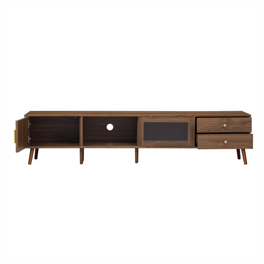 76' Modern Minimal Glass-Doors TV Stand for TVs up to 85 Inches, Wood-Grain Entertainment Center with Storage Cabinets, TV Media Console Table for Living Room, Bedroom - Grand Goldman Shop