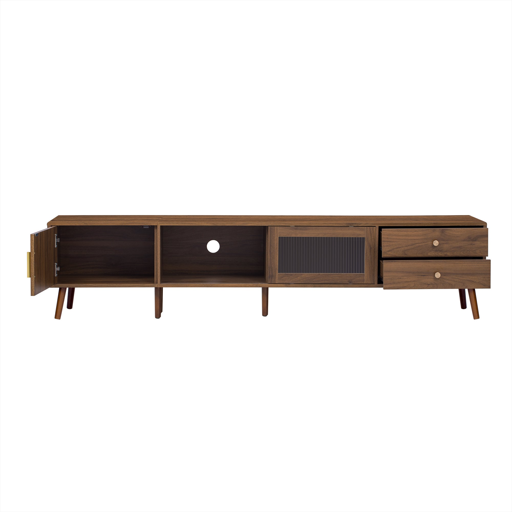 76' Modern Minimal Glass-Doors TV Stand for TVs up to 85 Inches, Wood-Grain Entertainment Center with Storage Cabinets, TV Media Console Table for Living Room, Bedroom - Grand Goldman Shop