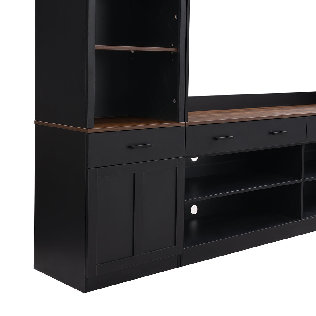 Farmhouse Entertainment Wall Unit with Bookshelf for TVs Up to 70', Walnut TV Stand with Adjustable Shelves, Mid-Century Media Console with Wine Rack for Living Room, Black (NEW SKU: N721S000046B-2) - Grand Goldman Shop