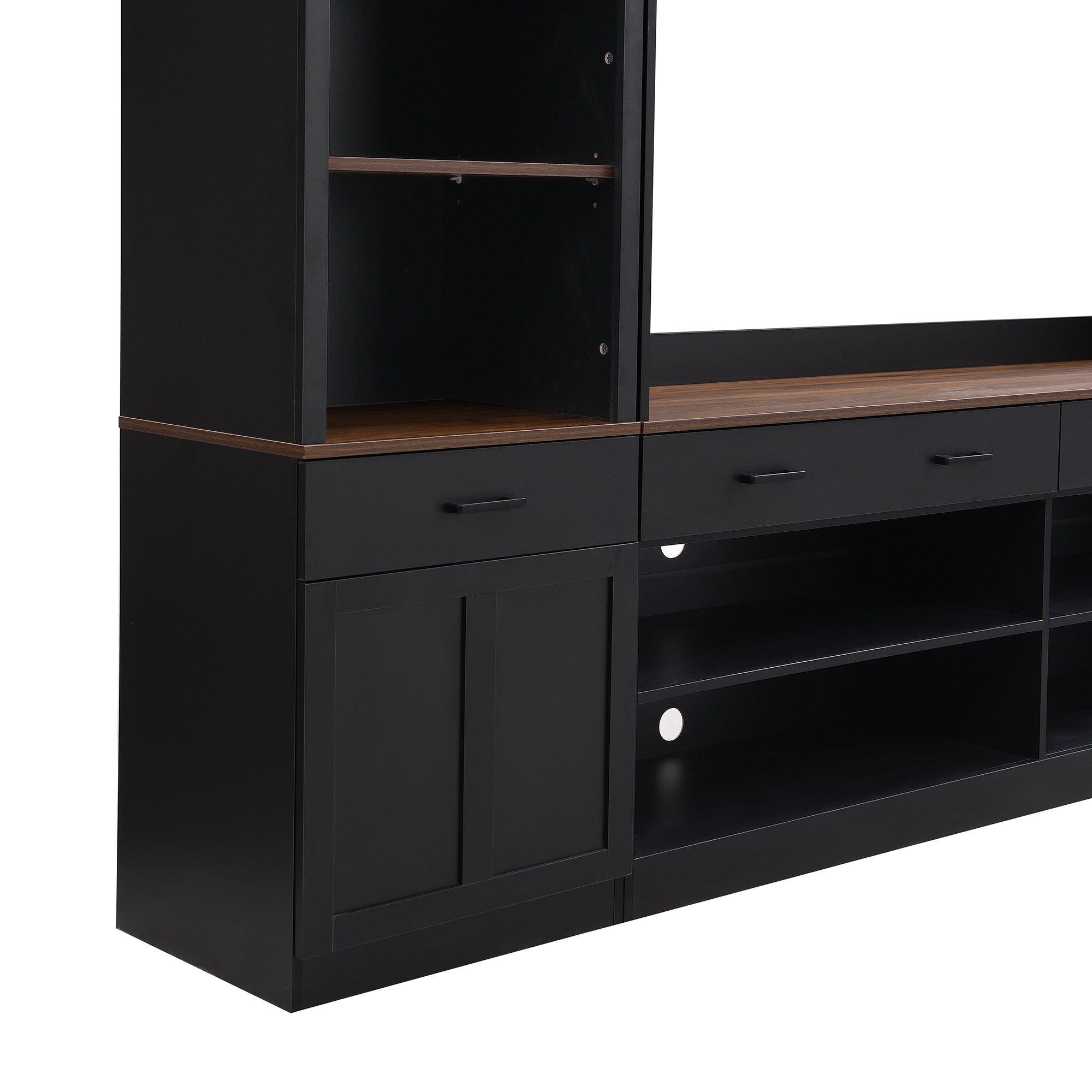 Farmhouse Entertainment Wall Unit with Bookshelf for TVs Up to 70', Walnut TV Stand with Adjustable Shelves, Mid-Century Media Console with Wine Rack for Living Room, Black (NEW SKU: N721S000046B-2) - Grand Goldman Shop