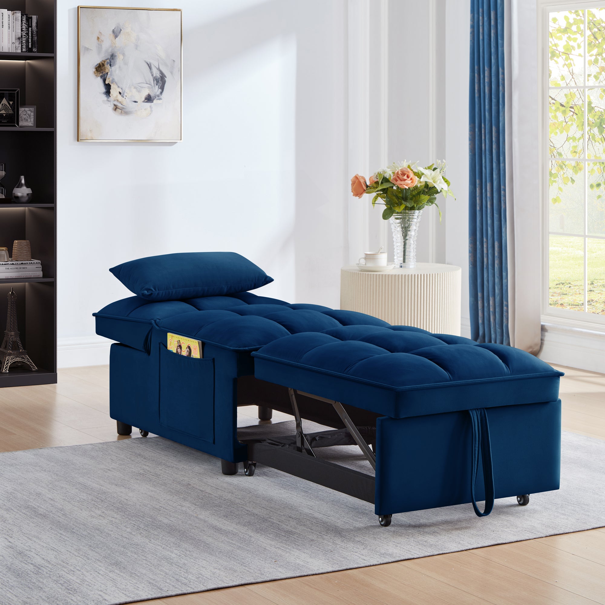 4 in1 Multi-Function Single Sofa Bed with Storage Pockets,Tufted Single Pull-out Sofa Bed with Adjustable Backrest and Pillows ,Convertible  Chaise Lounge, Navy - Grand Goldman Shop