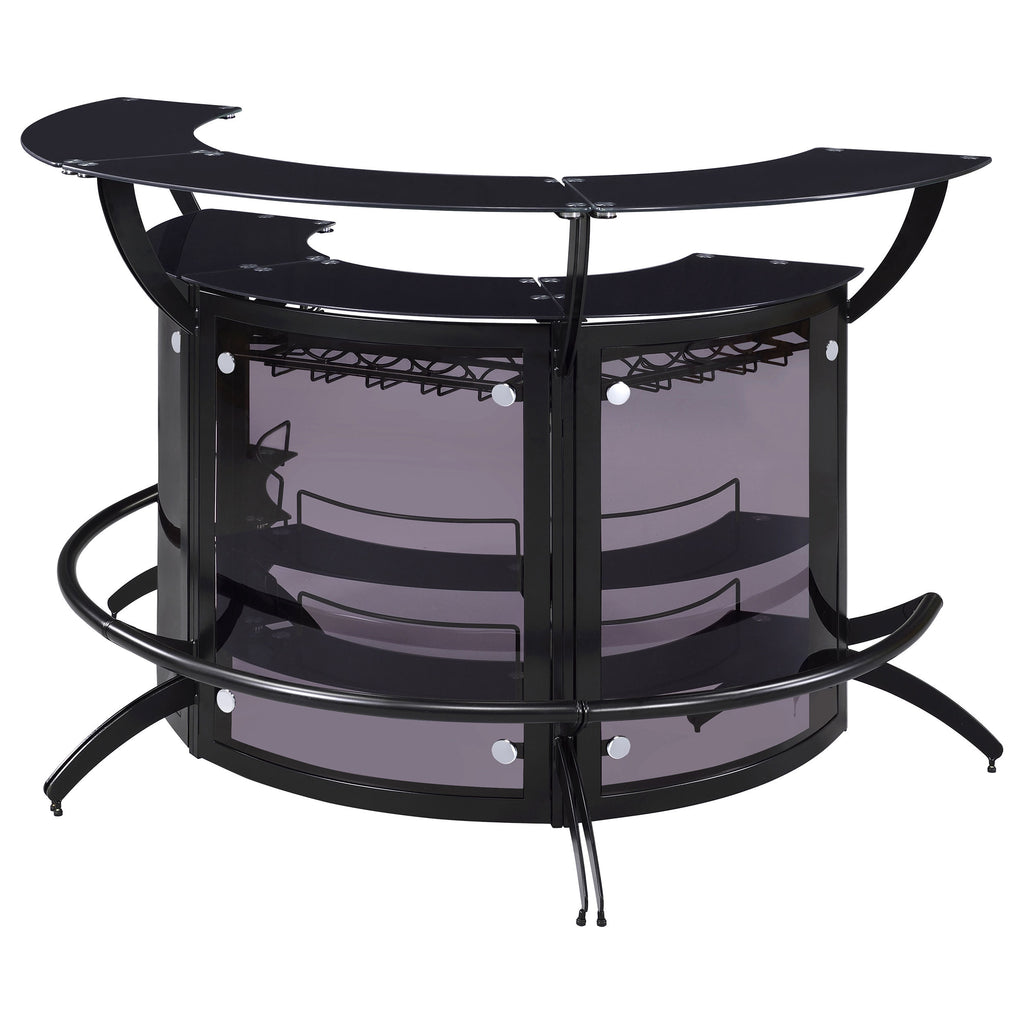 Elaina Black 3-Piece Curved Freestanding Home Bar with Smoked Acrylic Panels and Silver Metal Frame, Black Finish, Glass and Metal Construction - Grand Goldman Shop