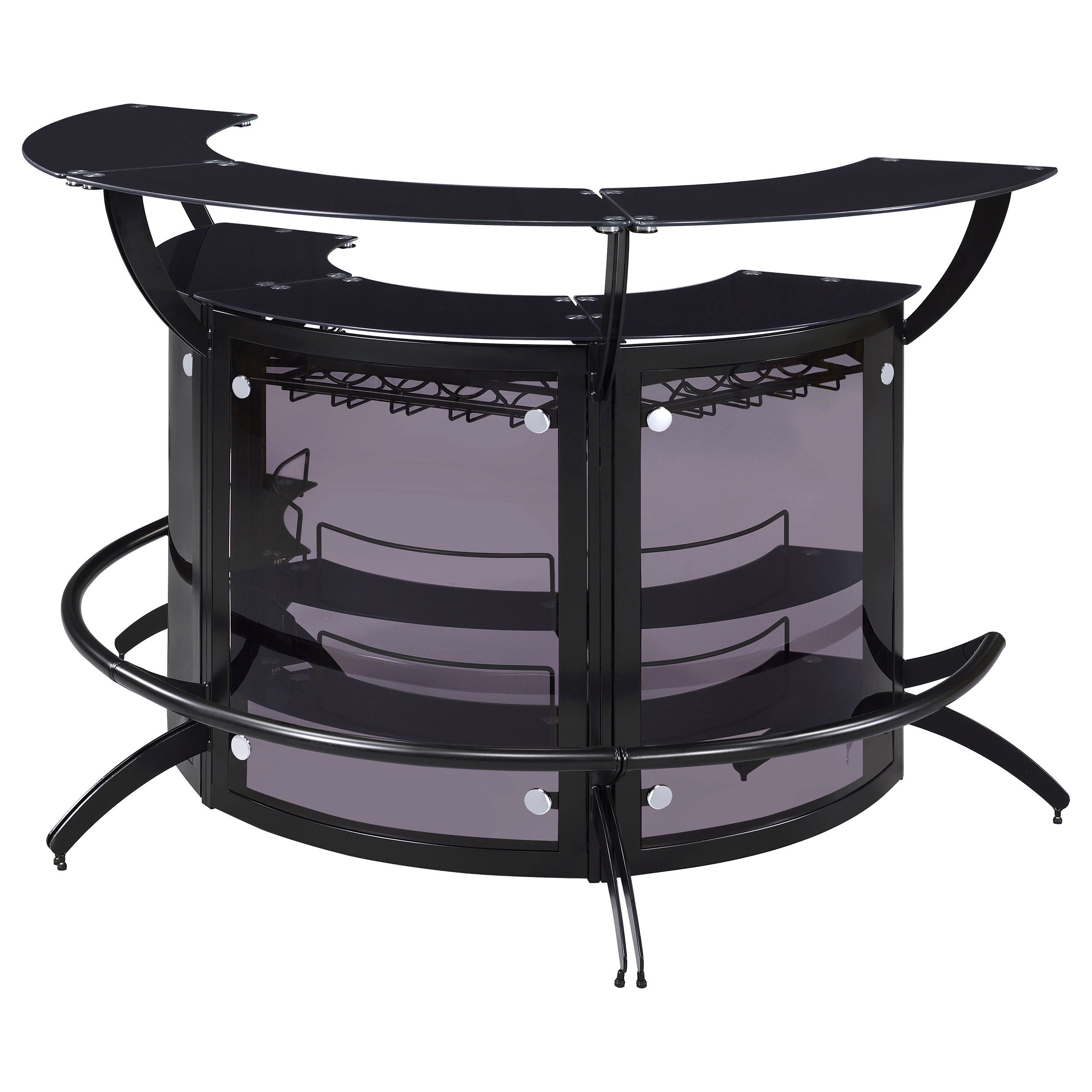 Elaina Black 3-Piece Curved Freestanding Home Bar with Smoked Acrylic Panels and Silver Metal Frame, Black Finish, Glass and Metal Construction - Grand Goldman Shop