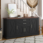 Black Farmhouse Barn Door Storage Cabinet with 2 Drawers & Door Rack, Adjustable Shelves, MDF Construction, 63.11' L x 15.75' W x 32.09' H - Grand Goldman Shop
