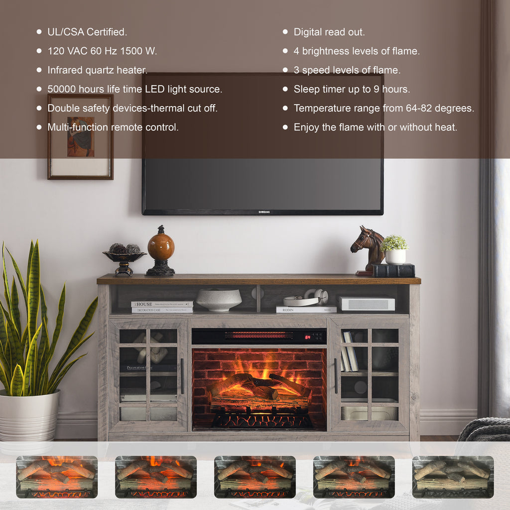 55 inch TV Media Stand with Electric Fireplace KD Inserts Heater,Gray Wash Color - Grand Goldman Shop
