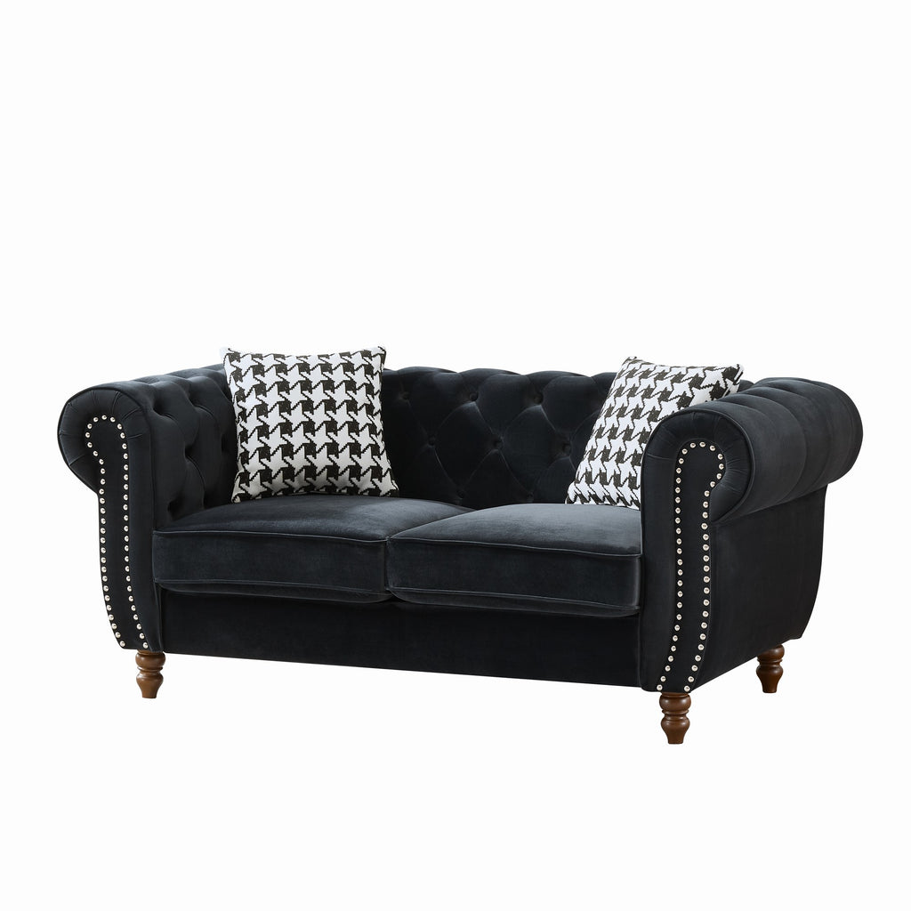 Mid Century Modern Chesterfield Velvet Sofa with Roll Armrest & Nailhead, Black, 67-Inch - Grand Goldman Shop