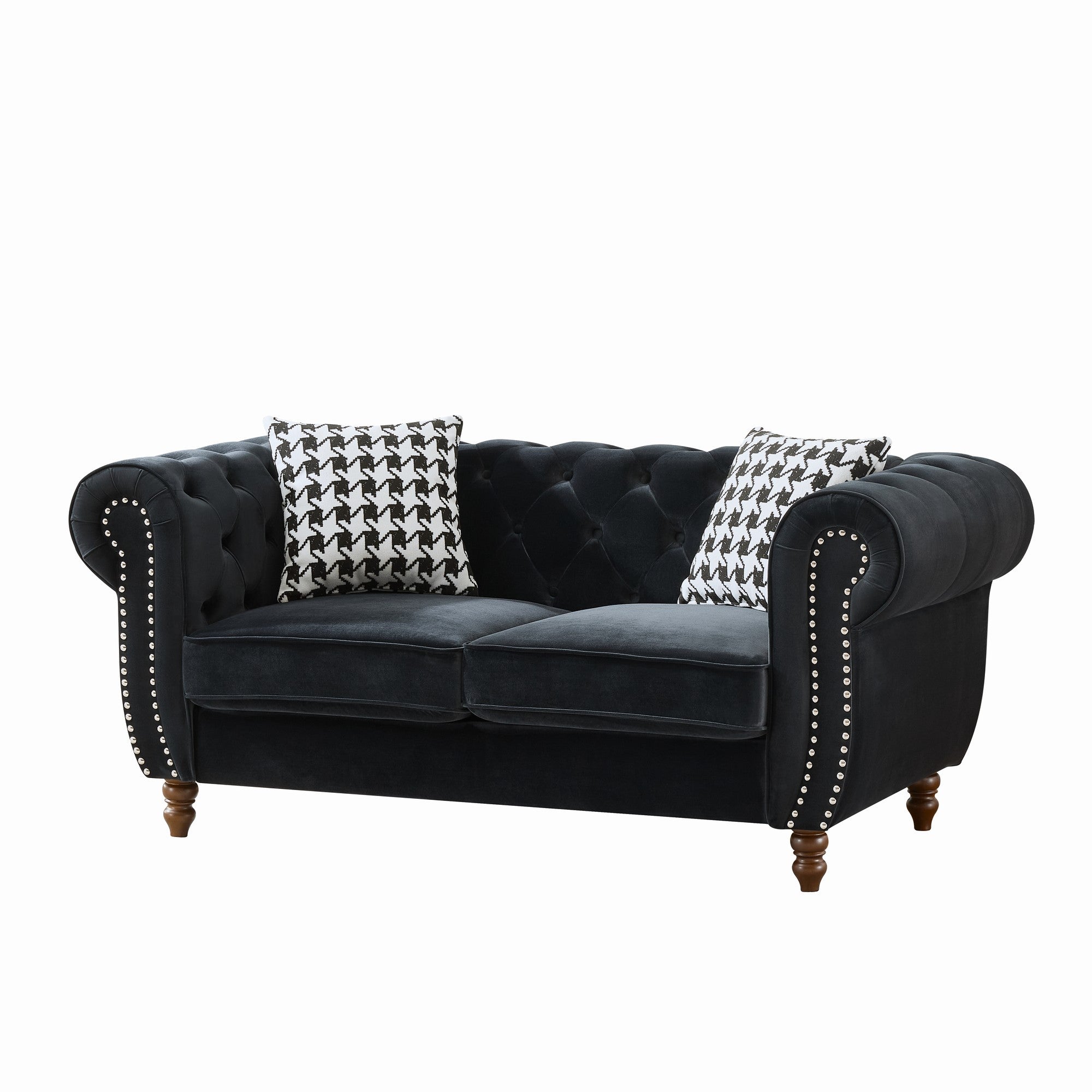 Mid Century Modern Chesterfield Velvet Sofa with Roll Armrest & Nailhead, Black, 67-Inch - Grand Goldman Shop