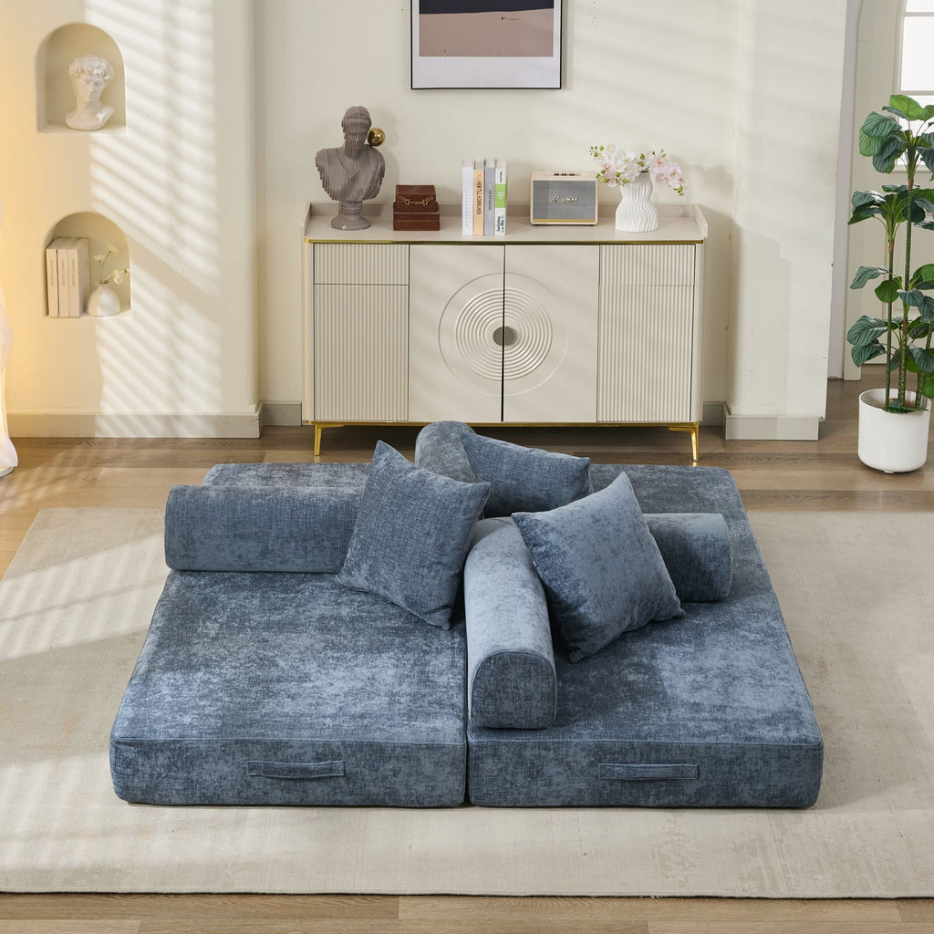 Comfy Convertible Folding Mattress Couch, Floor Sofa Bed, Chenille Floor Sofa with Armrest, Floor Sofa Lounge Couch for Living Room Bedroom Lounge Studio-Blue - Grand Goldman Shop