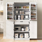 K&K 72' Tall Farmhouse Kitchen Pantry Cabinet with 8 Door Shelves, Curved Design Storage Cabinet with 3 Adjustable Shelves, Hidden Drawer, Versatile Cupboard for Kitchen, Dining & Bathroom, White - Grand Goldman Shop
