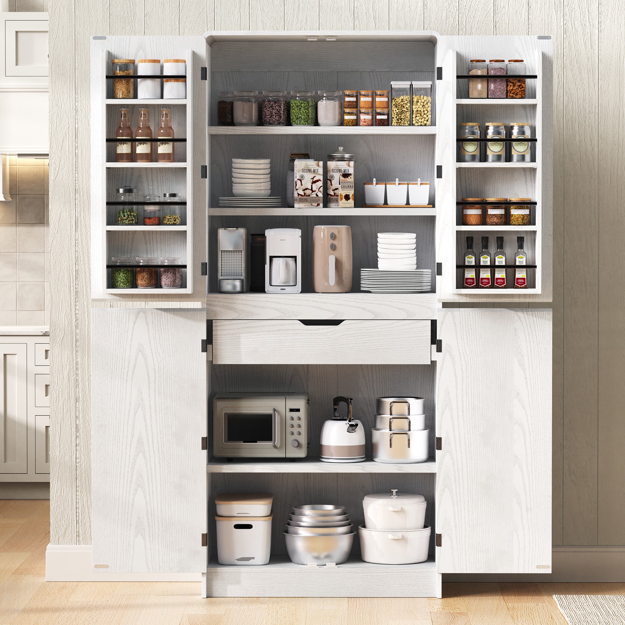 K&K 72' Tall Farmhouse Kitchen Pantry Cabinet with 8 Door Shelves, Curved Design Storage Cabinet with 3 Adjustable Shelves, Hidden Drawer, Versatile Cupboard for Kitchen, Dining & Bathroom, White - Grand Goldman Shop