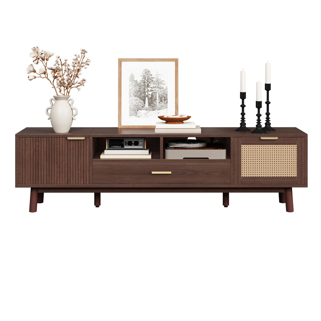 Wood Fashionable TV Stand for 75' TVs with Soft-Closing Doors, Dark Brown Modern Console with Rattan Accents and Drop-Down Cabinet, Solid Wood and MDF Construction - Grand Goldman Shop