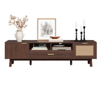 Wood Fashionable TV Stand for 75' TVs with Soft-Closing Doors, Dark Brown Modern Console with Rattan Accents and Drop-Down Cabinet, Solid Wood and MDF Construction - Grand Goldman Shop