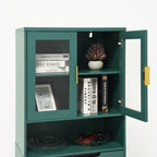 Tempered Glass Door Tall Storage Bookcase with adjustable board, 4 doors MDF painting finished cabinet, Green, Living room Bedroom storage - Grand Goldman Shop
