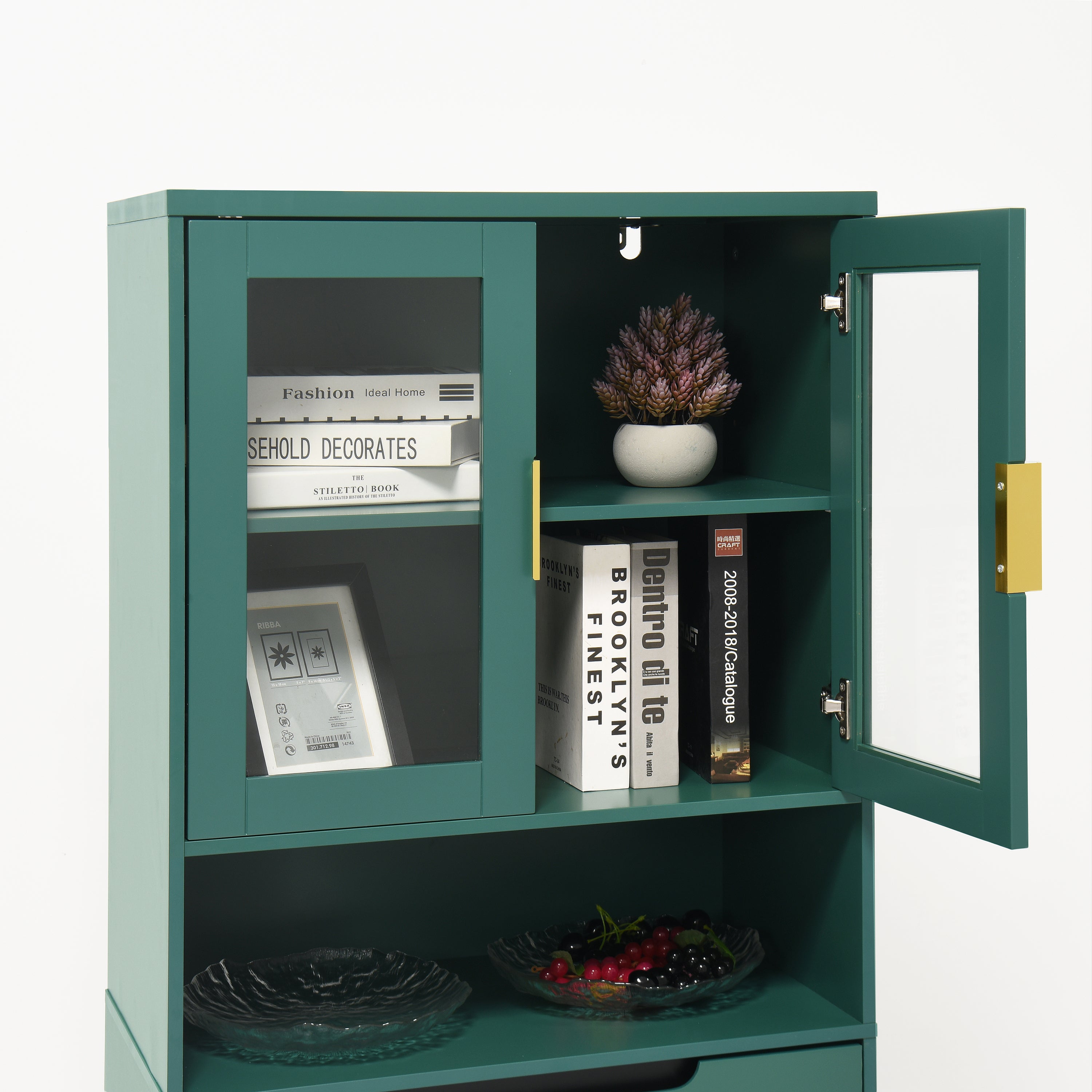 Tempered Glass Door Tall Storage Bookcase with adjustable board, 4 doors MDF painting finished cabinet, Green, Living room Bedroom storage - Grand Goldman Shop