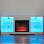 TV Stand Electric Fireplace TV Stand with Glass Shelves, 3D Fireplace TV Stand with LED Lights Wood with USB Charging Outlet Modern Television Table Center for TV up to 32-62' White 58''W*15.4''D*24.6 - Grand Goldman Shop