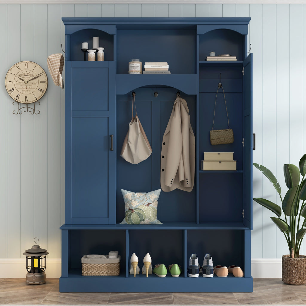 ON-TREND Modern All-in-One Hall Tree with Adjustable Shelves, Classic Arched Farmhouse Storage Bench with Dual Side Cabinets, Elegant Entryway Organizer with 7 Hooks for Mudroom, Hallway, Blue - Grand Goldman Shop