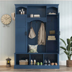 ON-TREND Modern All-in-One Hall Tree with Adjustable Shelves, Classic Arched Farmhouse Storage Bench with Dual Side Cabinets, Elegant Entryway Organizer with 7 Hooks for Mudroom, Hallway, Blue - Grand Goldman Shop