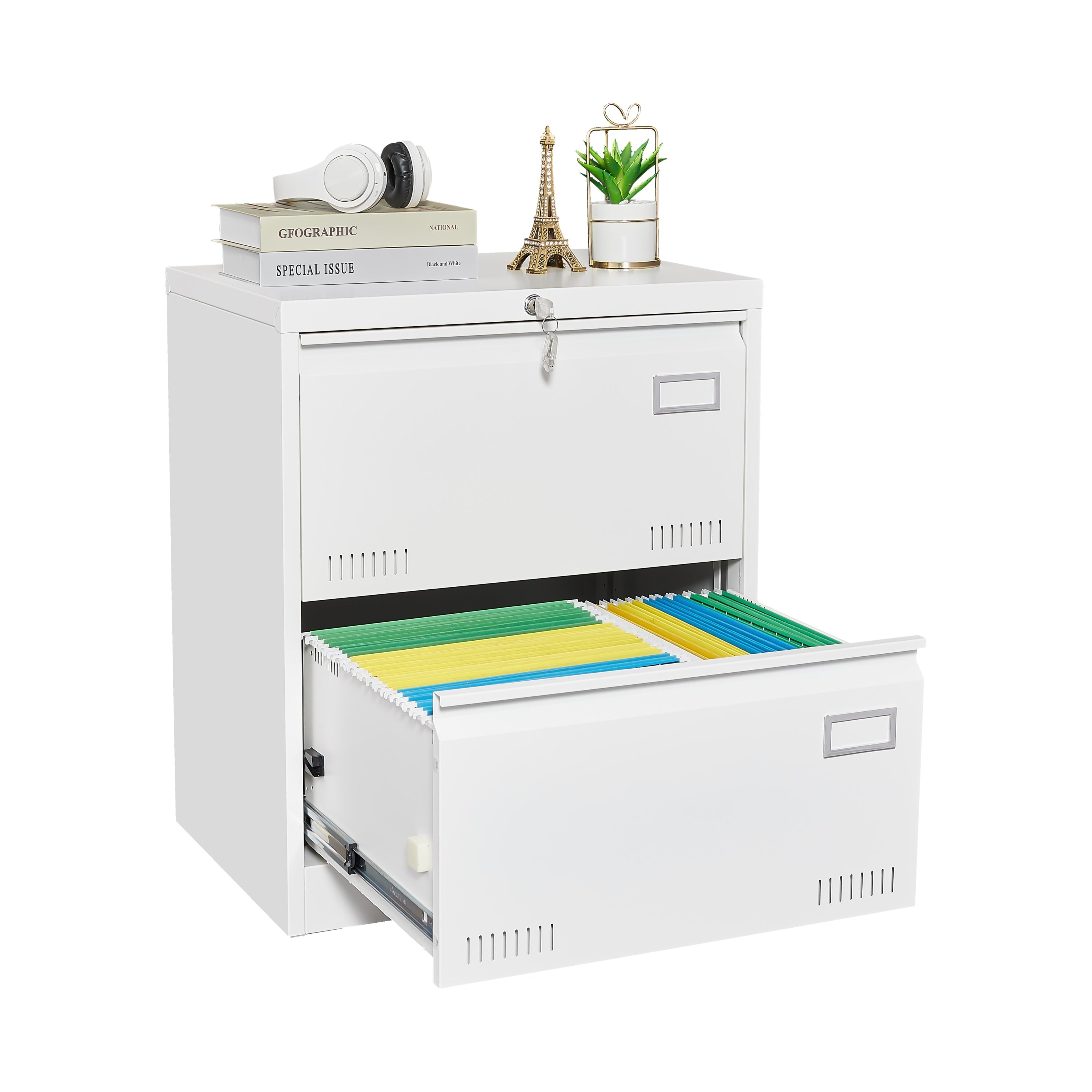 White Metal Lateral File Cabinet with Lock, 3 Drawers for Office/Home, Anti-Tip Design | Premium Home Decor - Grand Goldman