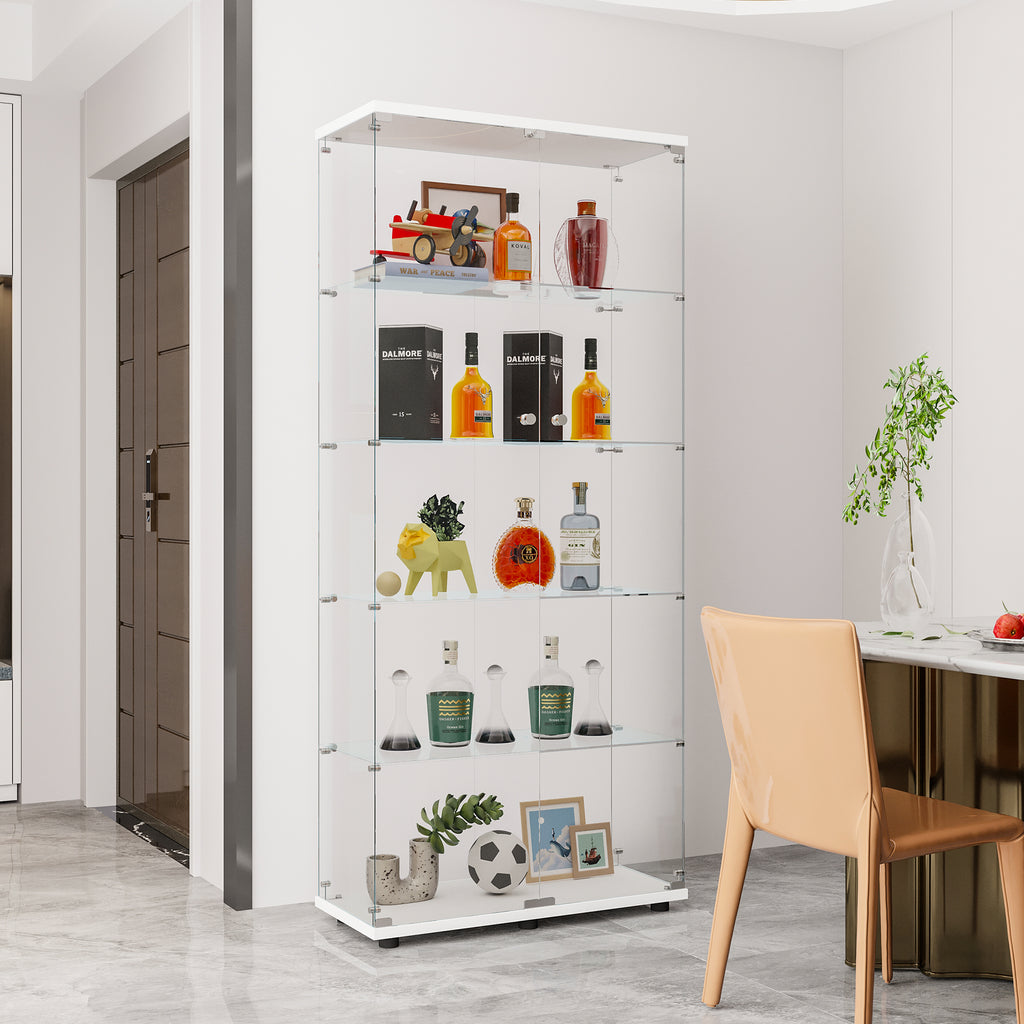 Glass Display Cabinet with 5 Shelves Double Door, Curio Cabinets for Living Room, Bedroom, Office, White Floor Standing Glass