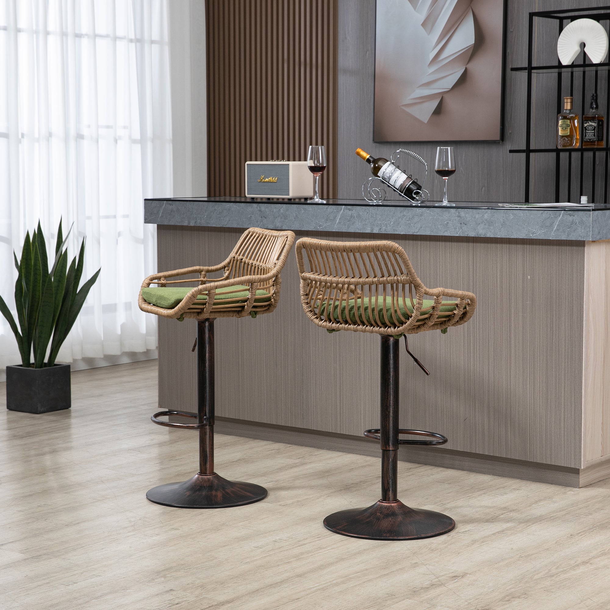 COOLMORE Modern Swivel Bar Stools Set of 2 with Adjustable Height and Footrest in Green Linen - Grand Goldman Shop