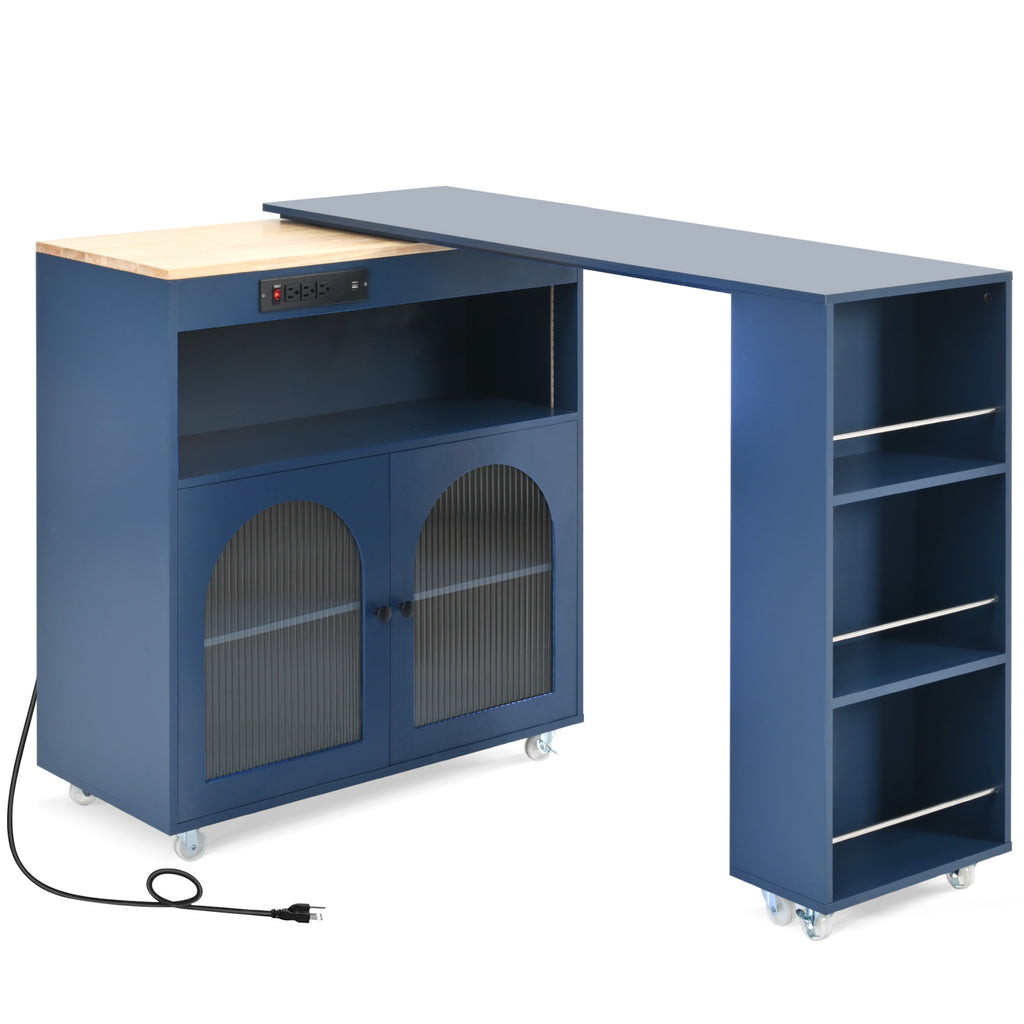 K&K Rolling Kitchen Island With Extended Table, Kitchen Island on Wheels with LED Lights,Power Outlets and 2 Fluted Glass Doors, Kitchen Island with a Storage Compartment and Side 3 Open Shelves, Navy - Grand Goldman Shop