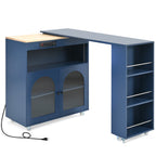 K&K Rolling Kitchen Island With Extended Table, Kitchen Island on Wheels with LED Lights,Power Outlets and 2 Fluted Glass Doors, Kitchen Island with a Storage Compartment and Side 3 Open Shelves, Navy - Grand Goldman Shop