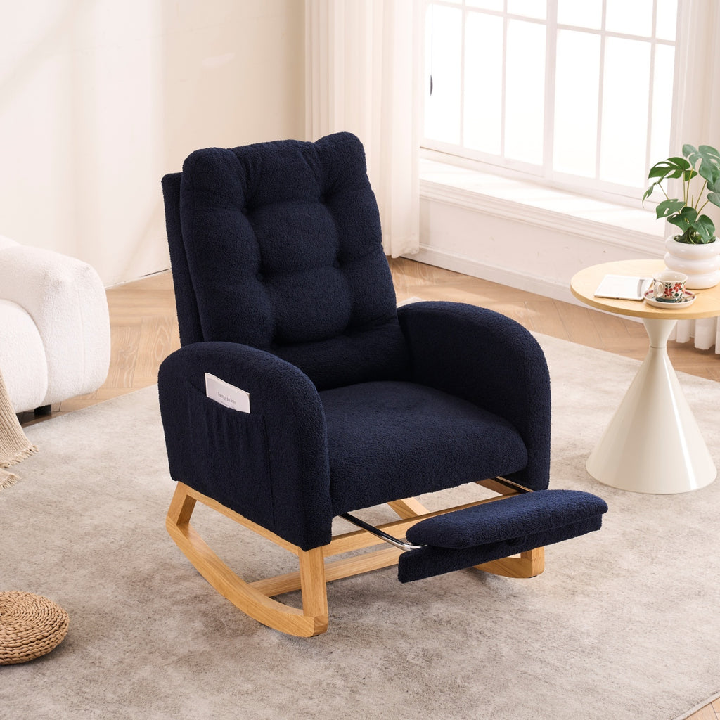LY-5104 Accent Rocking Chair with Footrest & Storage Pocket, Deep Navy Blue High-Back Rocker, Rubber Wood Lounge Chair for Nursery Living Room, 38.36'W x 26.77'D x 39.76'H - Grand Goldman Shop