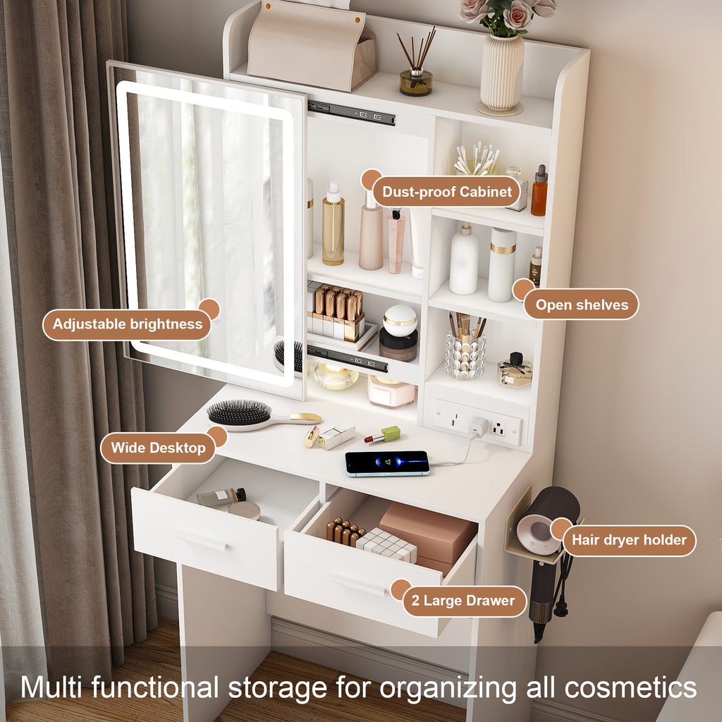 Space-Saving White Makeup Vanity Desk with Mirror & Adjustable LED Lights, Built-in Power Outlet, Hidden Storage, Includes Stool & Shelf - Grand Goldman Shop