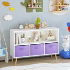 Kids Bookcase with Collapsible Fabric Drawers, Children's Book Display Organizer in White and Purple, MDF with Pine Legs | Pr