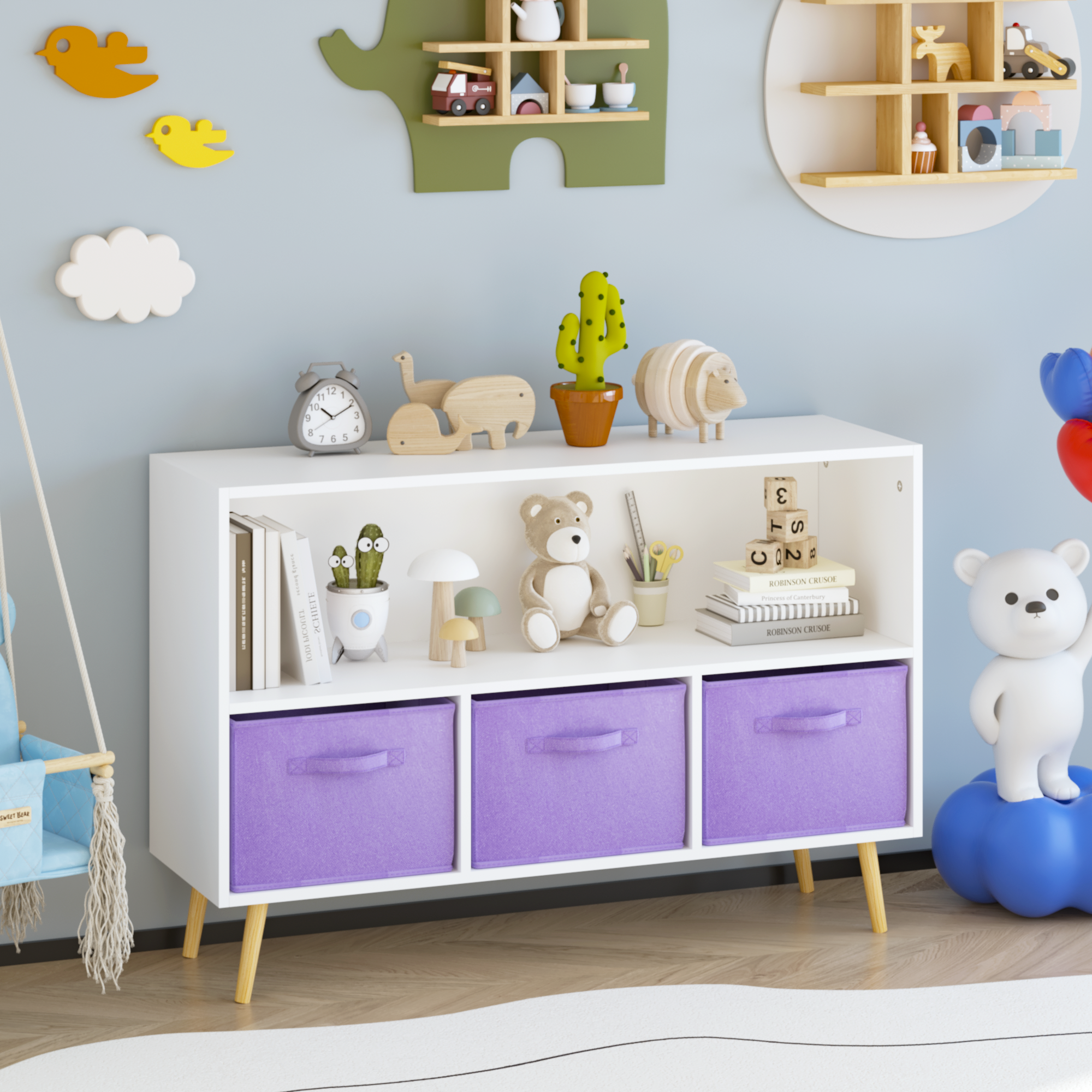 Kids Bookcase with Collapsible Fabric Drawers, Children's Book Display Organizer in White and Purple, MDF with Pine Legs | Pr
