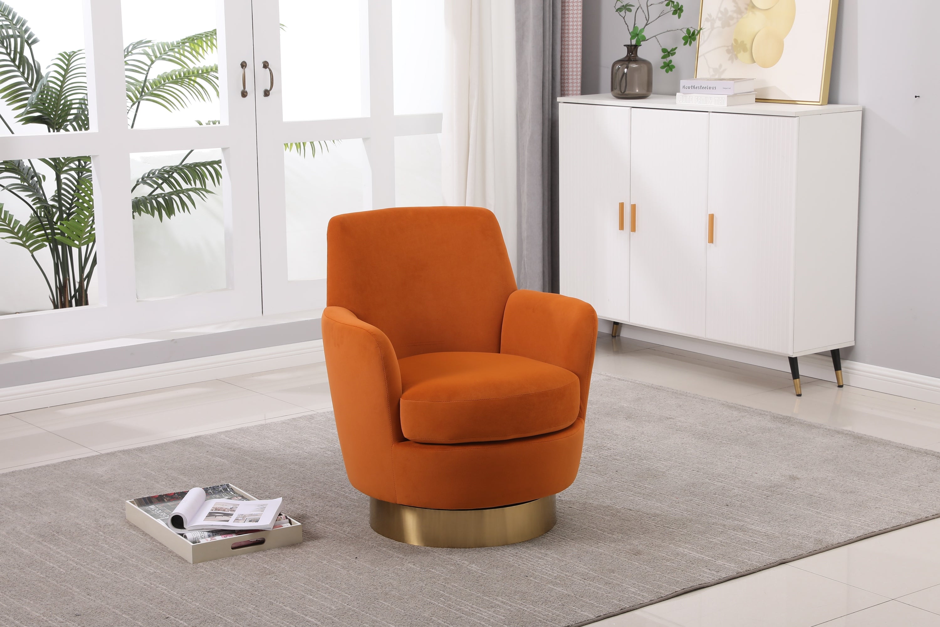 Velvet Swivel Barrel Chair, Swivel Accent Chairs Armchair for Living Room, Reading Chairs for Bedroom Comfy, Round Barrel Chairs with Gold Stainless Steel Base (Orange) - Grand Goldman Shop
