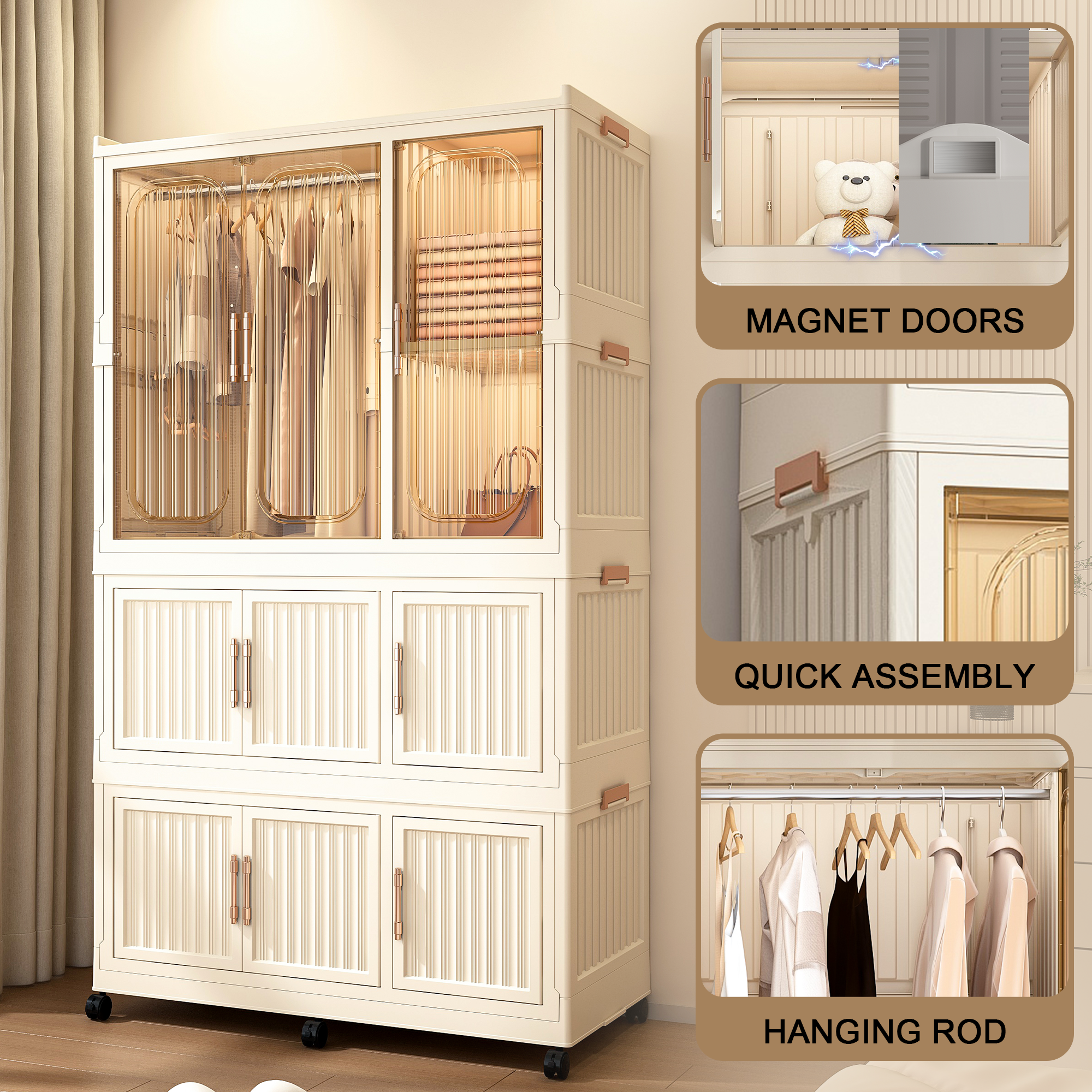 Portable Wardrobe Closet Storage Organizer with 9 Magnetic Doors, Cream White, - Grand Goldman Shop