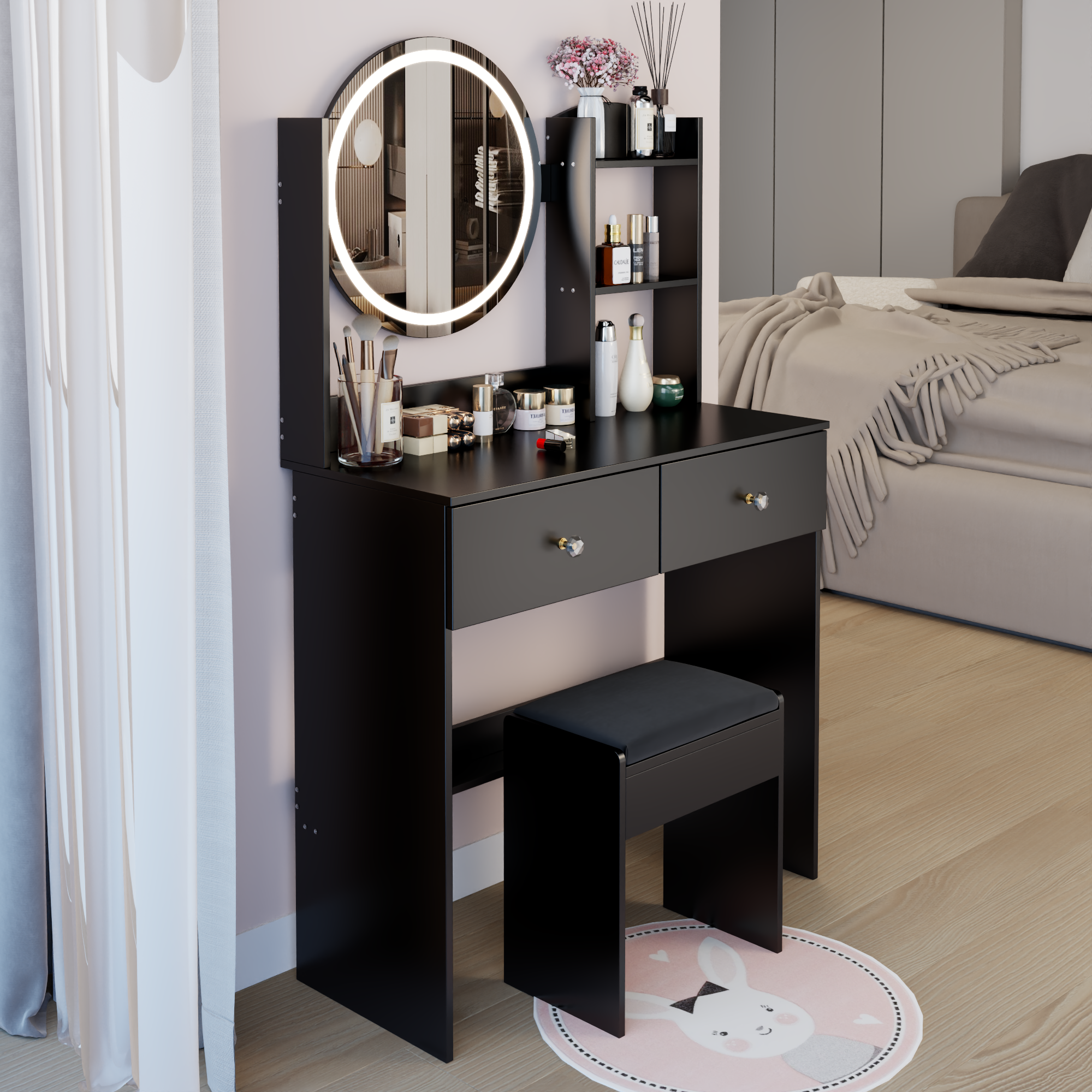 17' Round LED Mirror Vanity Table + Soft Cushion Stool Set, Large Mirror, Touch Switch, 3 colors, Adjustable Brightness, Large Desktop, Multi-layer High Capacity Storage, Suitable For Small Space - Grand Goldman Shop