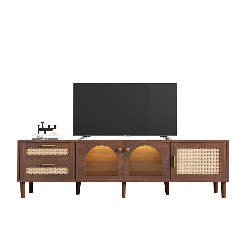 Dark Brown Rattan-inspired TV Stand with 3 Cabinets & 2 Drawers, LED Light Media Console for TVs up to 80'', MDF & Solid Wood Construction - Grand Goldman Shop
