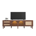 Dark Brown Rattan-inspired TV Stand with 3 Cabinets & 2 Drawers, LED Light Media Console for TVs up to 80'', MDF & Solid Wood Construction - Grand Goldman Shop