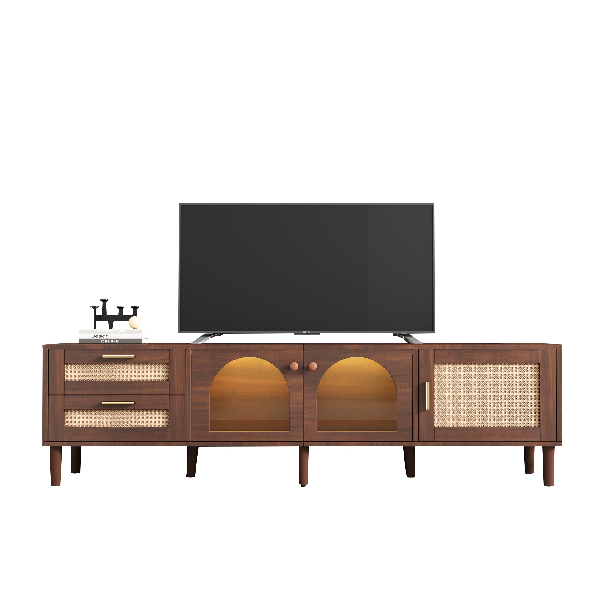 Dark Brown Rattan-inspired TV Stand with 3 Cabinets & 2 Drawers, LED Light Media Console for TVs up to 80'', MDF & Solid Wood Construction - Grand Goldman Shop