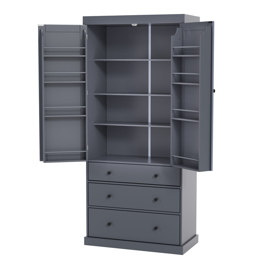 [Assembly Video Provided]TOPMAX 77inch Farmhouse Kitchen Pantry, Freestanding Tall Cupboard Storage Cabinet with 3 Adjustable Shelves, 8 Door Shelves, 3 Drawers for Kitchen, Dining Room, Gray - Grand Goldman Shop