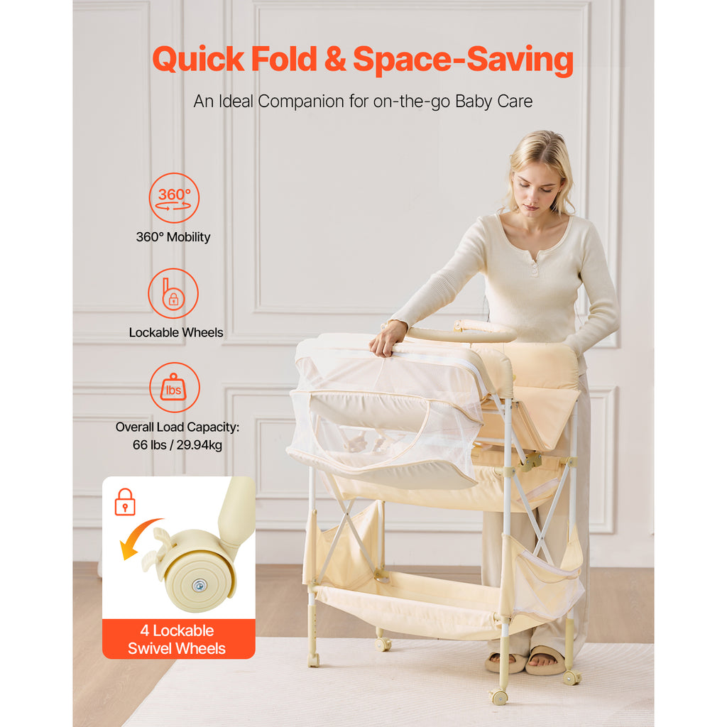 Baby Changing Table, Foldable Diaper Change Station with 2 Fabric Drawers, Side Basket & Hanging Rod, Adjustable Height Porta