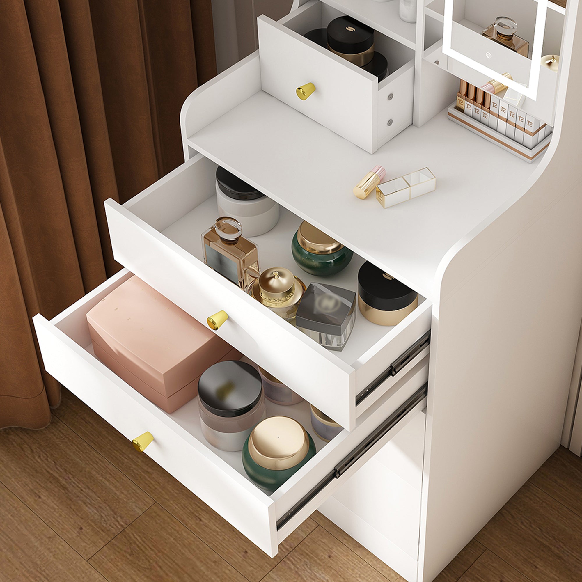 3-in-1 Dressing Table with LED Mirror & Storage Stool, Compact Makeup Vanity, White MDF, 50.39x19.69x15.75 inches - Grand Goldman Shop