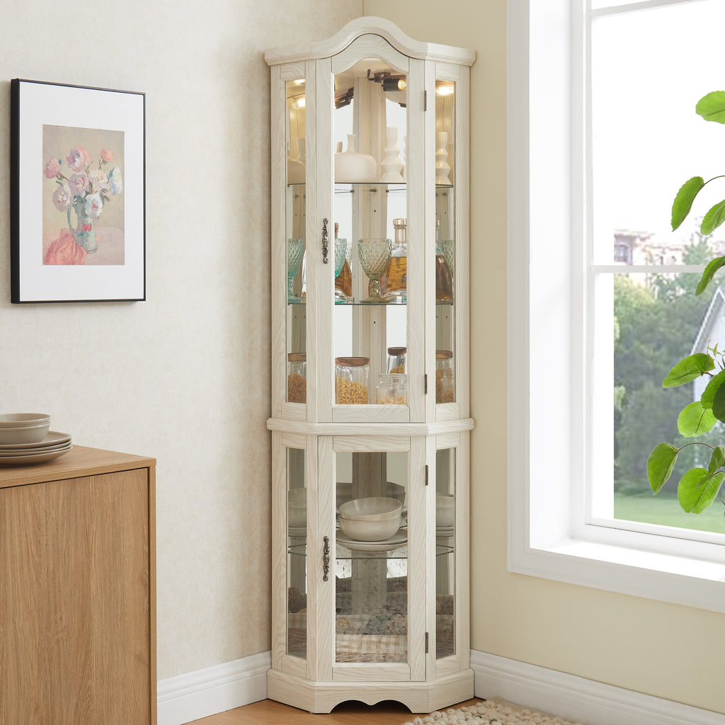 Curio Cabinet Lighted Glass Display Curio Cabinet w/Tempered Glass Doors and Shelves, Crown Corner Cabinet with Bulb, Corner Storage Decoration for Living room and Bedroom WHI - Grand Goldman Shop