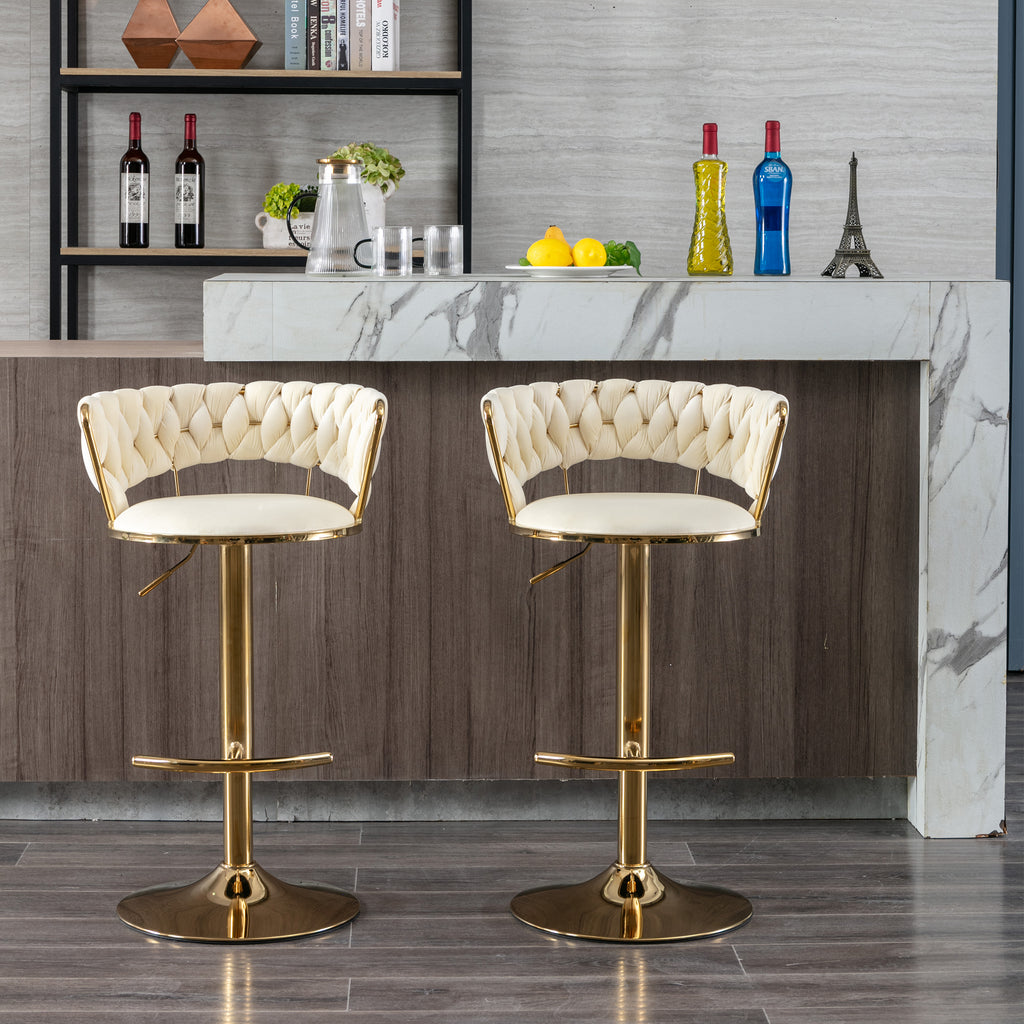 Set of 2  Bar Stools,with Chrome Footrest and Base Swivel Height Adjustable Mechanical Lifting Velvet + Golden Leg Simple Bar Stool-Cream - Grand Goldman Shop